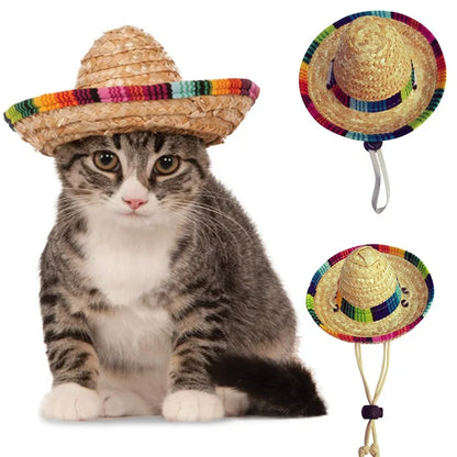 Cute Straw Woven Sun Hat for Dogs and Cats, Adjustable Cap, Mexican Sombrero, Pet Supplies, Cute Costume for Dogs