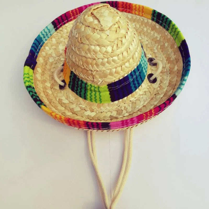 Cute Straw Woven Sun Hat for Dogs and Cats, Adjustable Cap, Mexican Sombrero, Pet Supplies, Cute Costume for Dogs