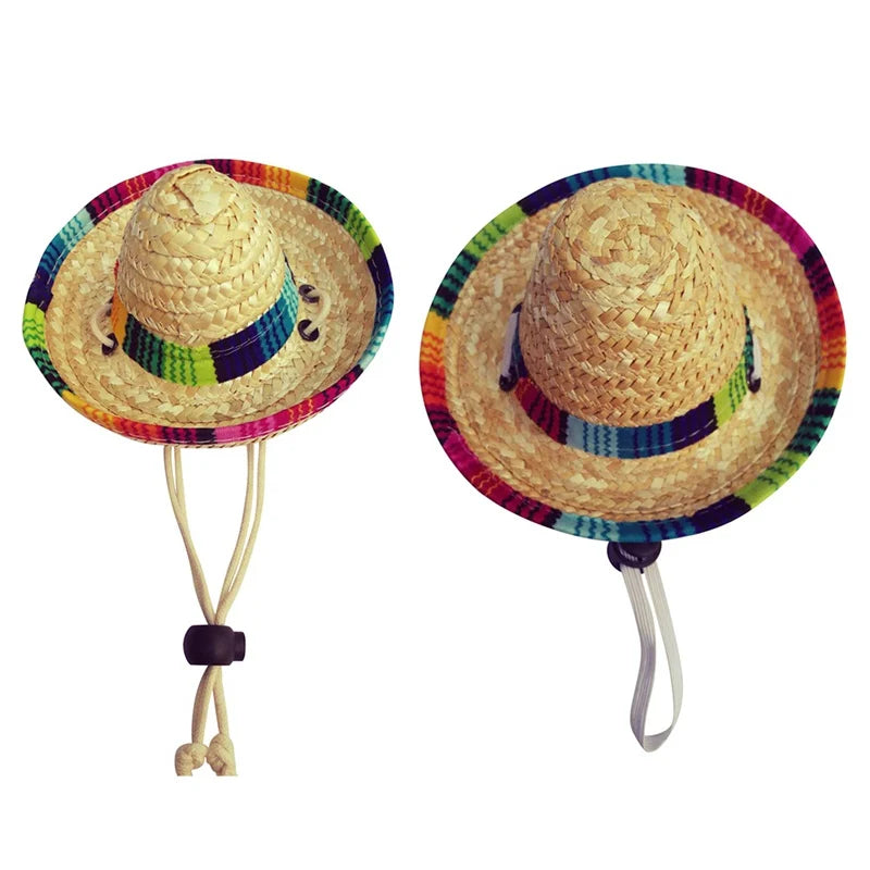 Cute Straw Woven Sun Hat for Dogs and Cats, Adjustable Cap, Mexican Sombrero, Pet Supplies, Cute Costume for Dogs